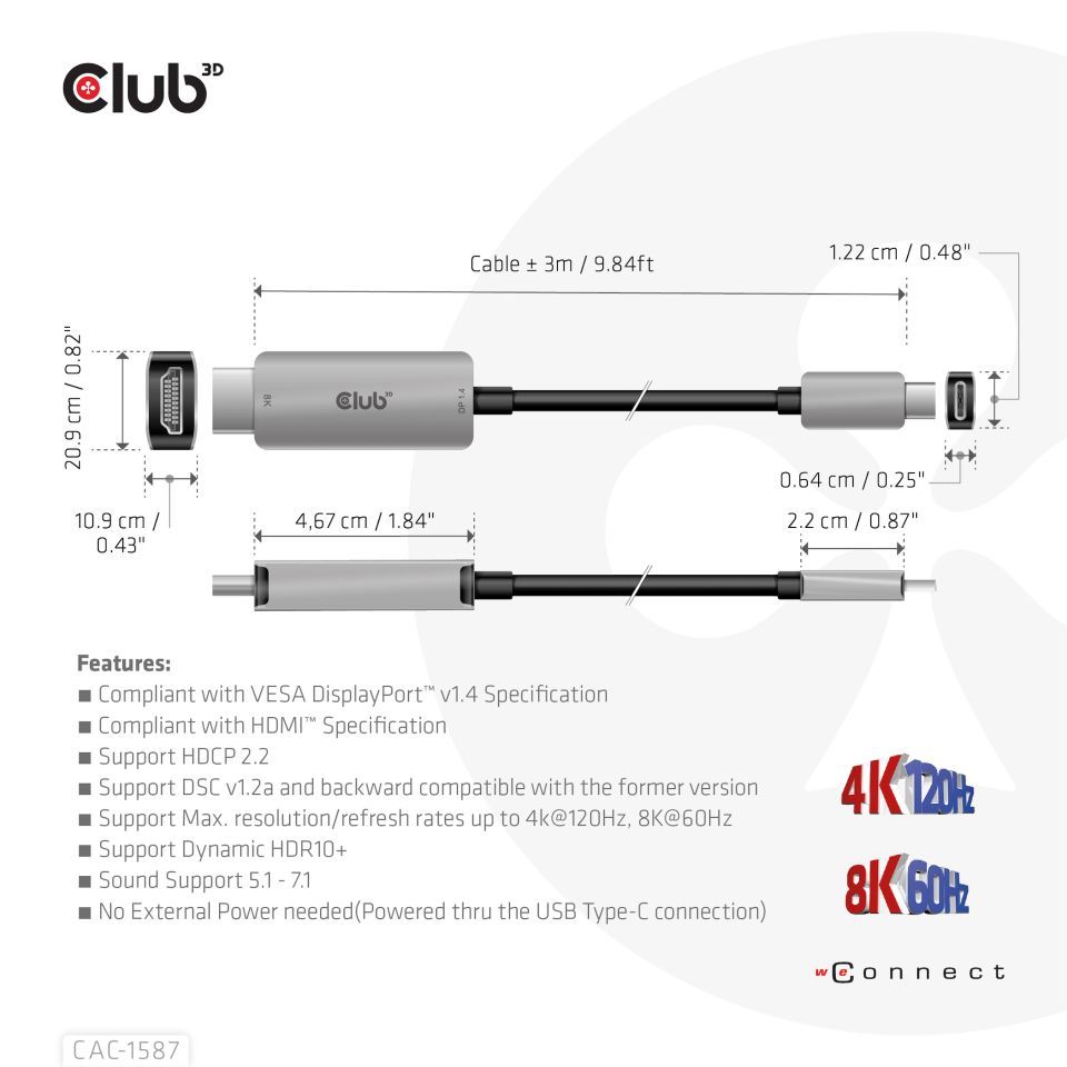 Club3D USB Gen2 Type-C to HDMI cable 3m Black