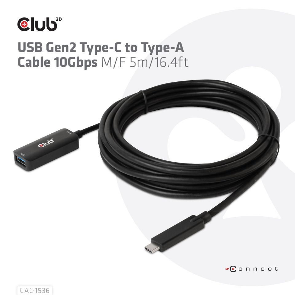 Club3D USB Gen2 Type-C to Type-A cable 5m Black