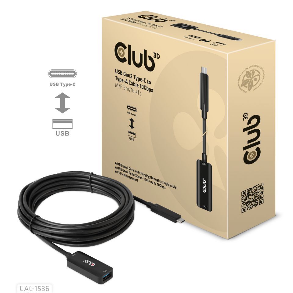 Club3D USB Gen2 Type-C to Type-A cable 5m Black