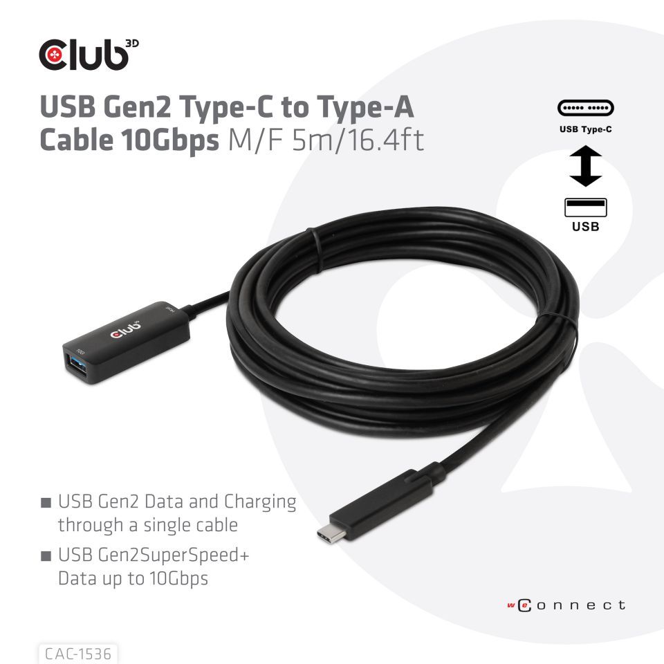 Club3D USB Gen2 Type-C to Type-A cable 5m Black