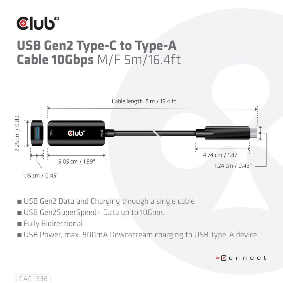 Club3D USB Gen2 Type-C to Type-A cable 5m Black