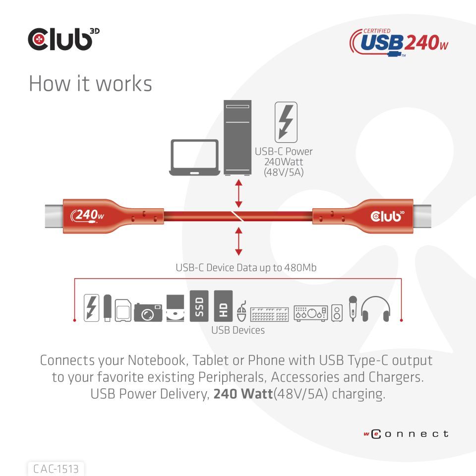 Club3D USB2 Type-C cable 3m Red