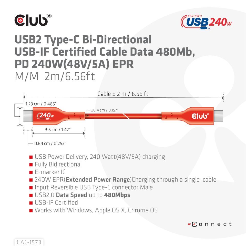 Club3D USB2 Type-C cable 2m Red