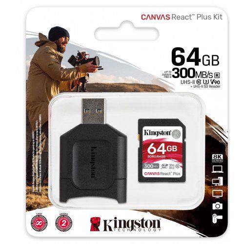 Kingston 64GB SDXC SDR2 Class 10 UHS-II U3 Canvas React Plus Kit + MLP SD Reader