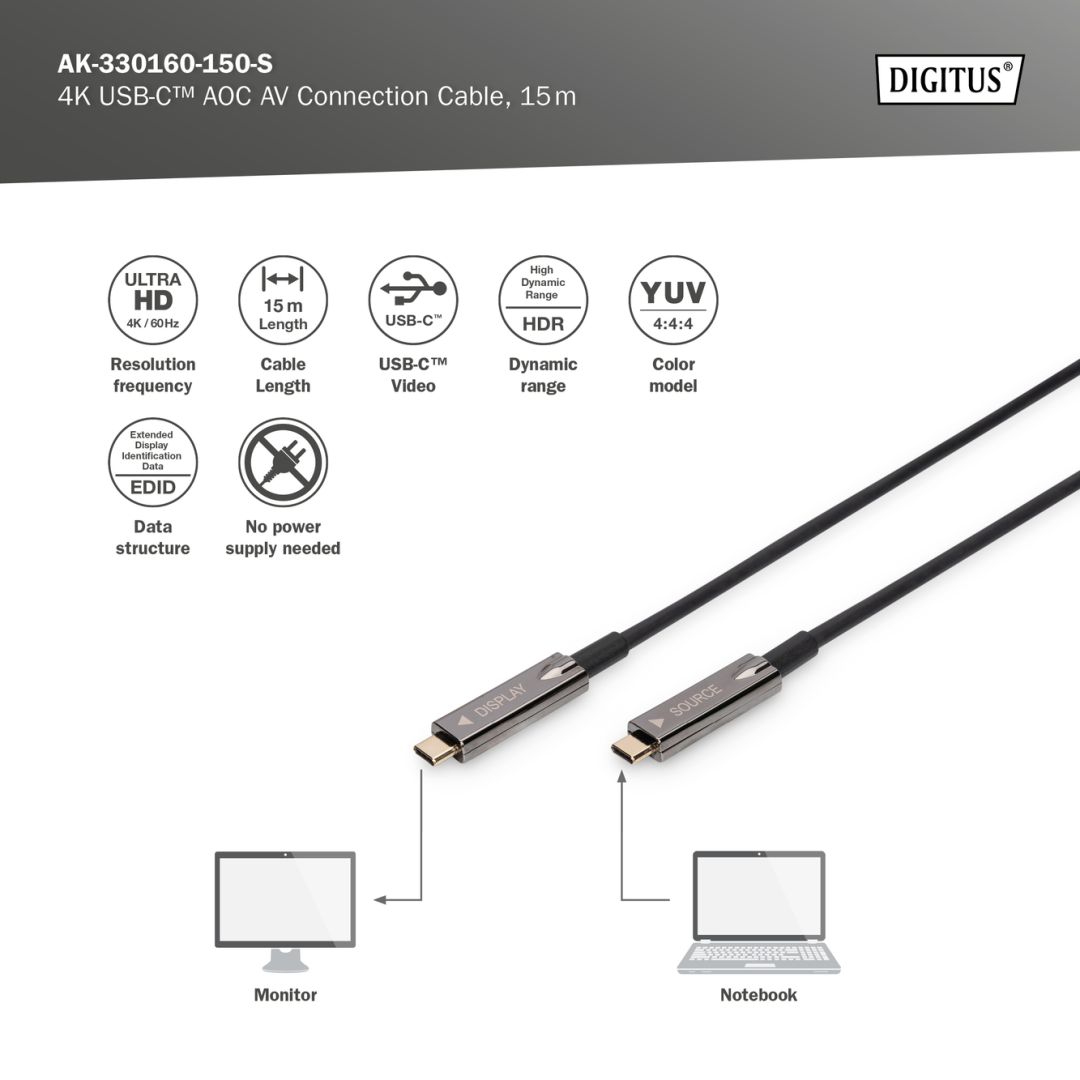 Digitus USB Type-C 4K male/male cable 15m Black