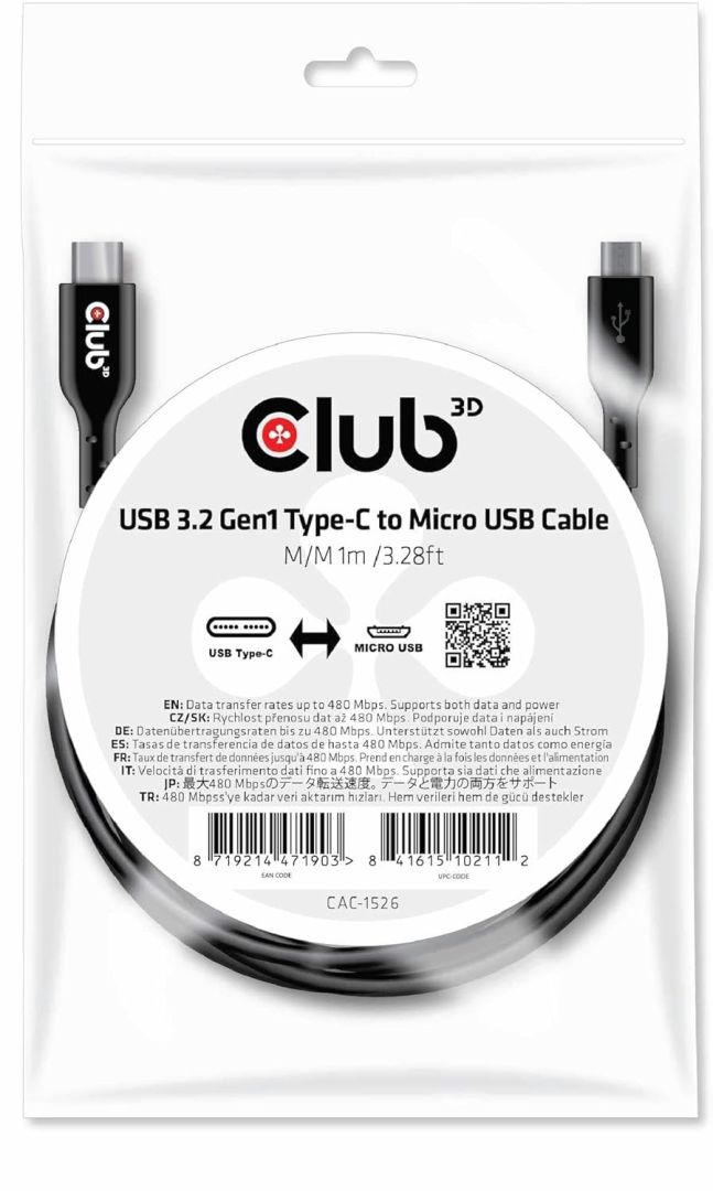 Club3D USB 2.0 Type-C to Micro USB Cable M/M 1m Black