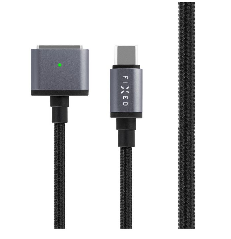 FIXED USB-C/MagSafe 3 töltőkábel, max 140W (28V/5A), textil kábelfonat, 2m, sötétszürke