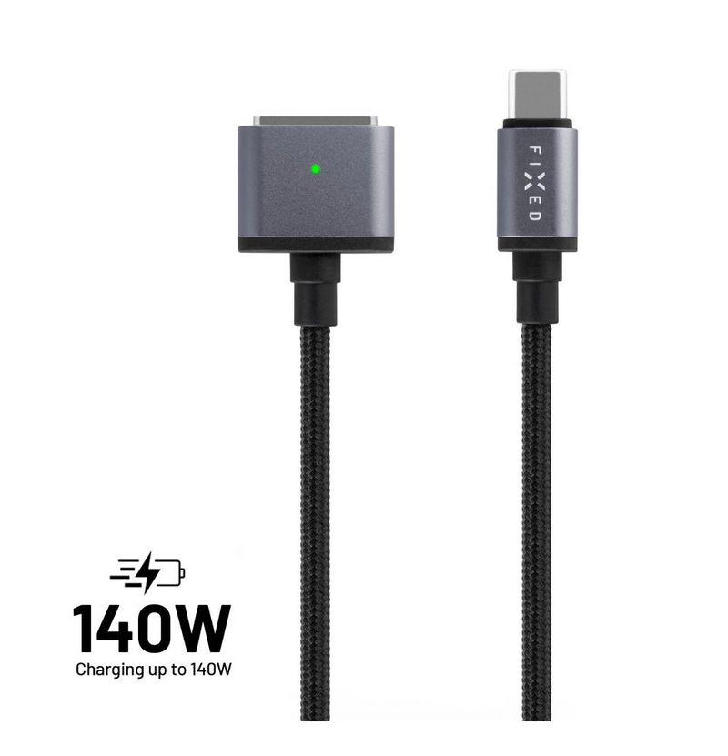 FIXED USB-C/MagSafe 3 töltőkábel, max 140W (28V/5A), textil kábelfonat, 2m, sötétszürke