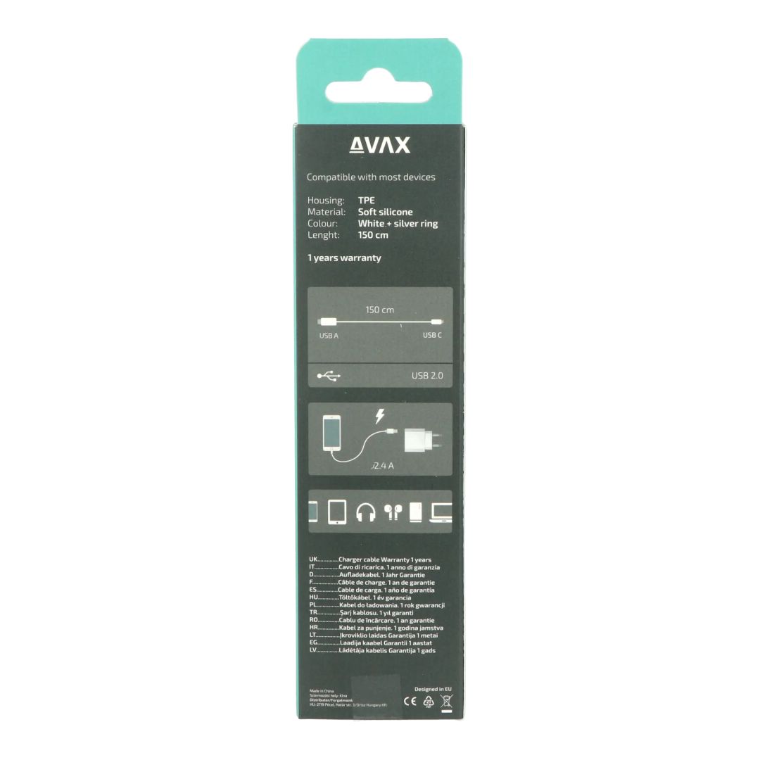 Avax CB621 CREAMY+ USB-A - Type-C cable 1,5m White/Silver
