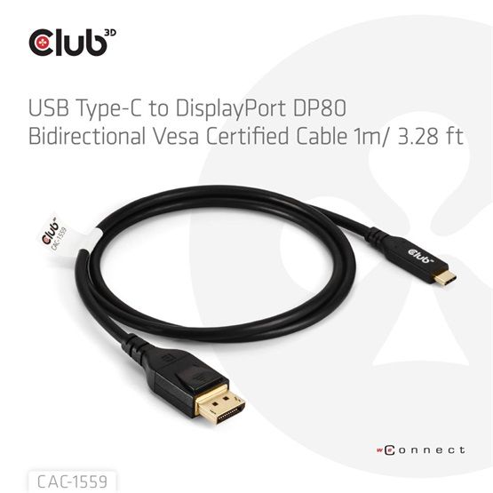 Club3D USB Type-C Cable to DP 2.1 Bi-Directional VESA DP80 Certified Cable 1m Black