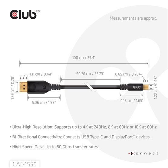 Club3D USB Type-C Cable to DP 2.1 Bi-Directional VESA DP80 Certified Cable 1m Black