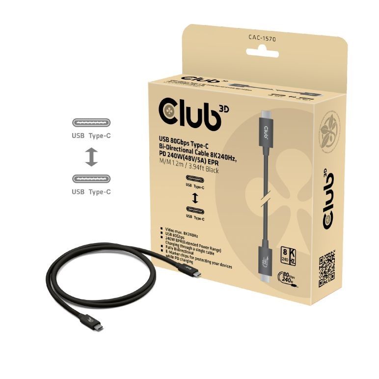 Club3D USB 80Gbps Certified 240W 8k240Hz Type-C 1,2m Cable Black