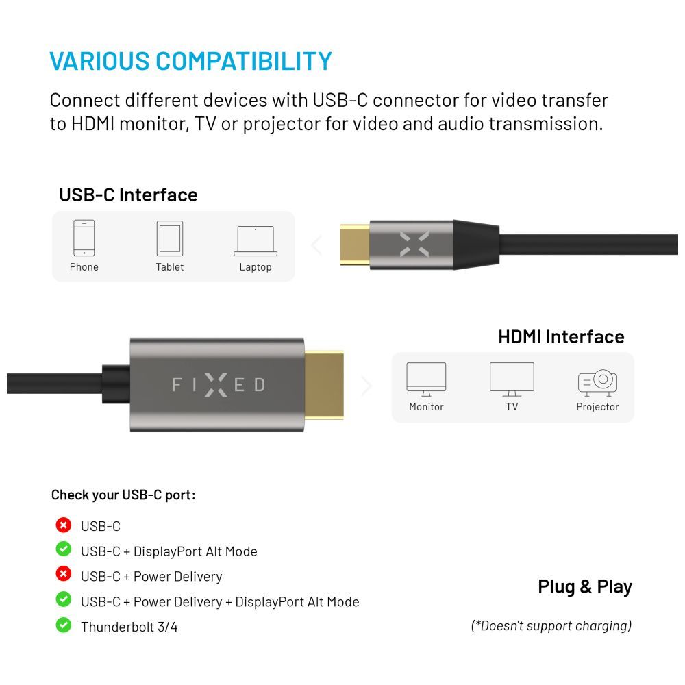 FIXED videó kábel USB-C/HDMI USB-C 3.1 Gen 2 18Gbps HDMI 2.0 4K60Hz 2m, szürke