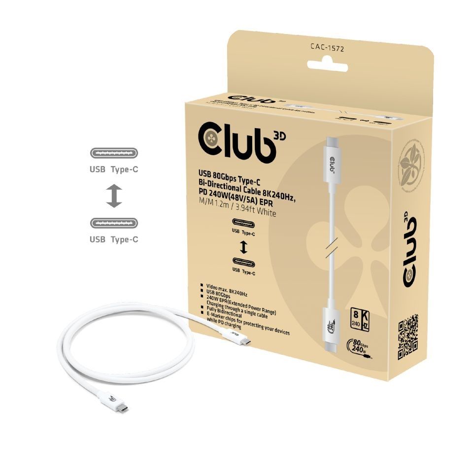 Club3D USB 80Gbps Certified 240W 8k240Hz Type-C 1,2m Cable White