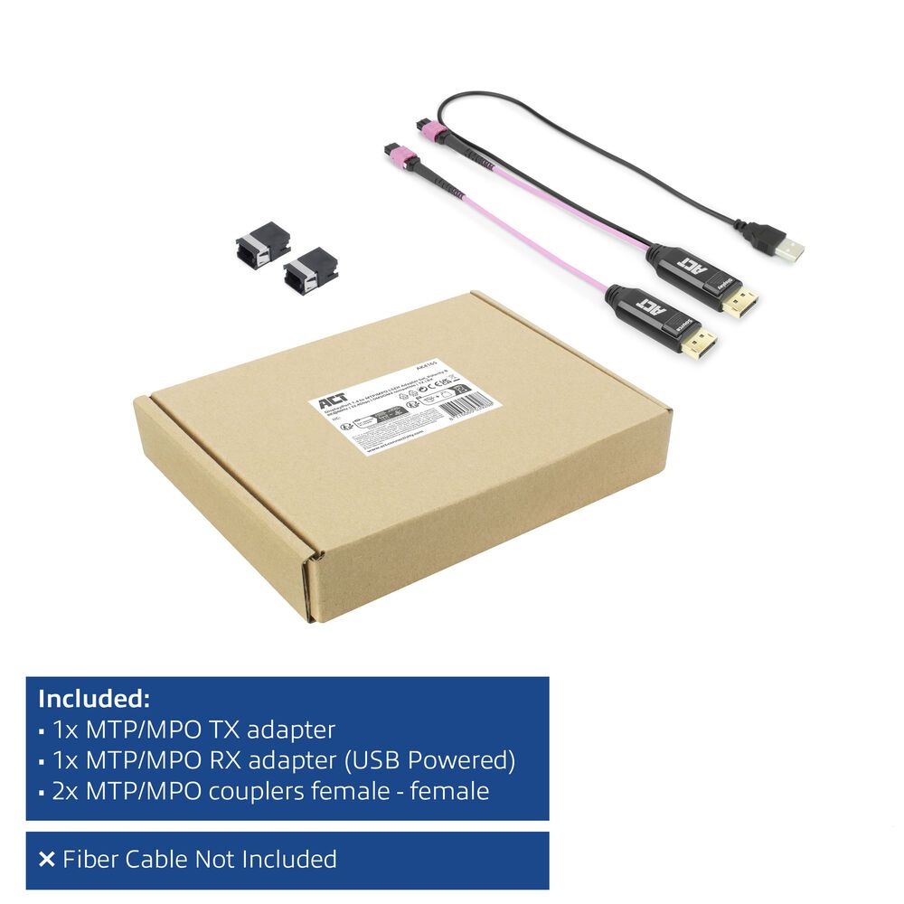 ACT DisplayPort to MTP/MPO adapter set to extend a DisplayPort connection up to 8K@60Hz Violet