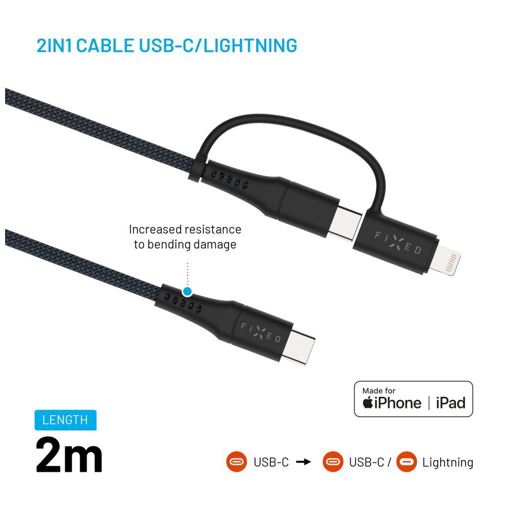 FIXED USB-C/USB-C/Lightning MFi PD 60W adapter kábel 2m szürke