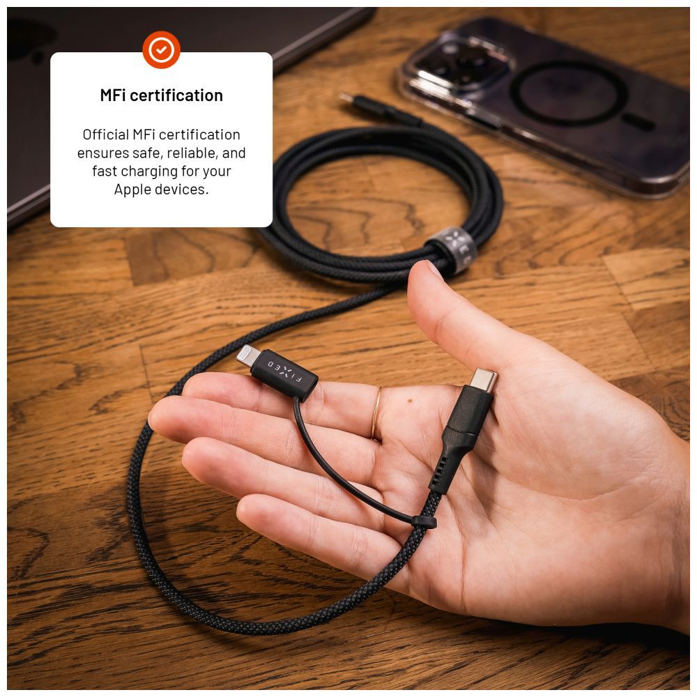 FIXED USB-C/USB-C/Lightning MFi PD 60W adapter kábel 2m szürke