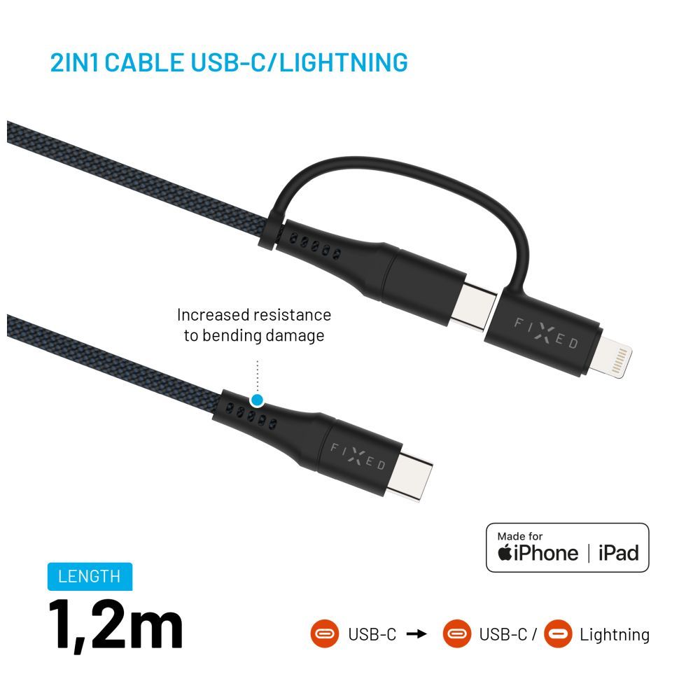 FIXED USB-C/USB-C/Lightning MFi PD 60W adapter kábel 1,2m szürke