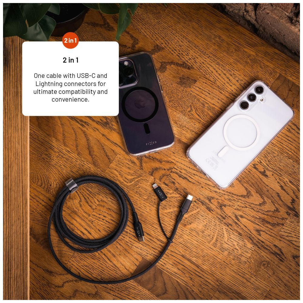 FIXED USB-C/USB-C/Lightning MFi PD 60W adapter kábel 1,2m szürke