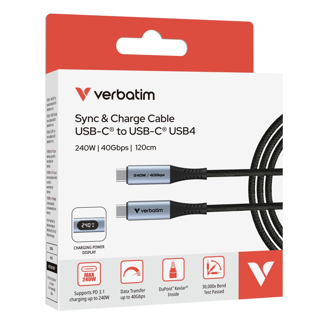 Verbatim Sync & Charge USB4 with Power Display USB-C/USB-C 240W Cable 1,2m Black