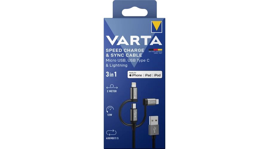 Varta USB-A to Micro-USB/USB-C/Lightning 3in1 cable 2m Black