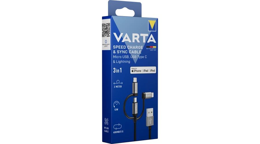 Varta USB-A to Micro-USB/USB-C/Lightning 3in1 cable 2m Black