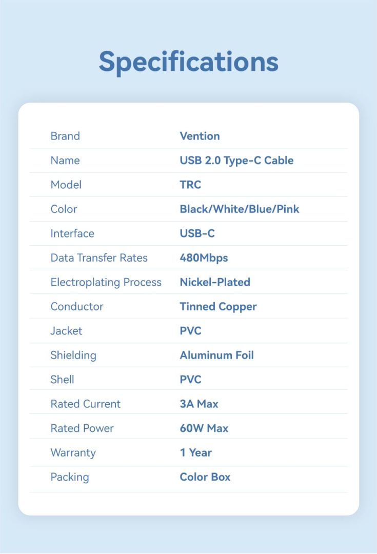 Vention USB 2.0 Type-C Male to Type-C Male 3A Cable 2m White