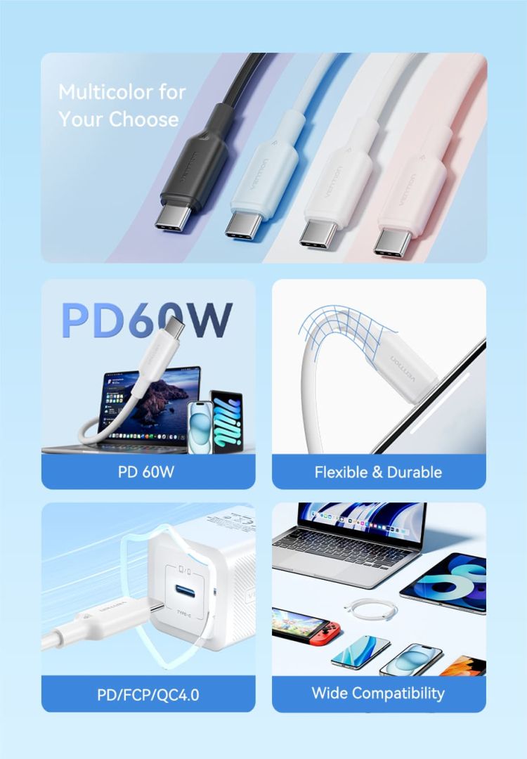 Vention USB 2.0 Type-C Male to Type-C Male 3A Cable 2m White