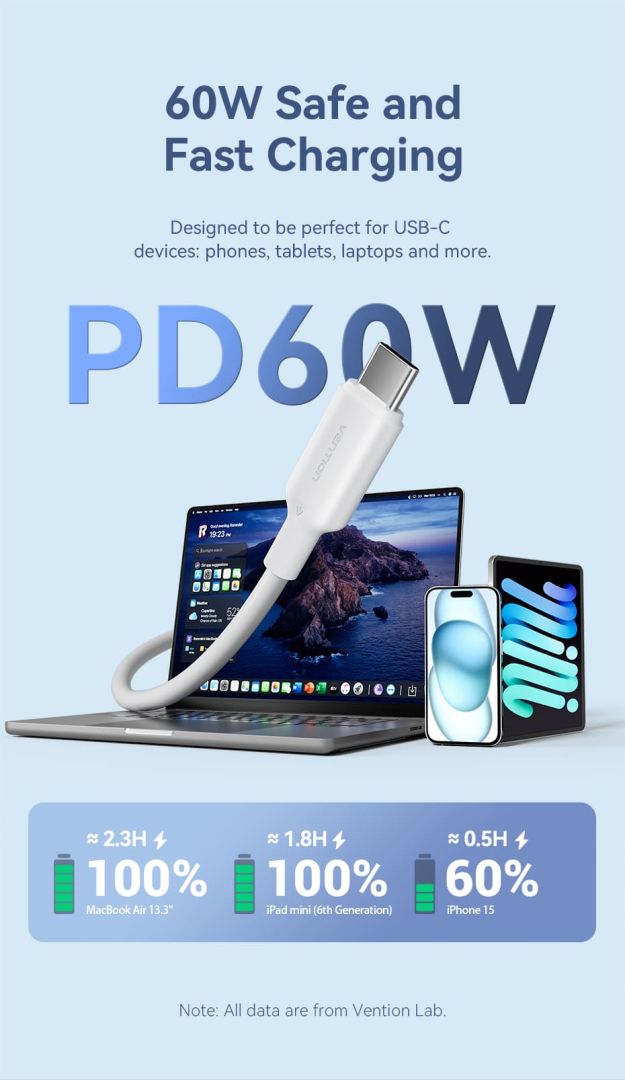 Vention USB 2.0 Type-C Male to Type-C Male 3A Cable 1m Black