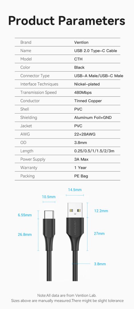 Vention USB-A 2.0/M to USB-C/M cable 1,5m Black