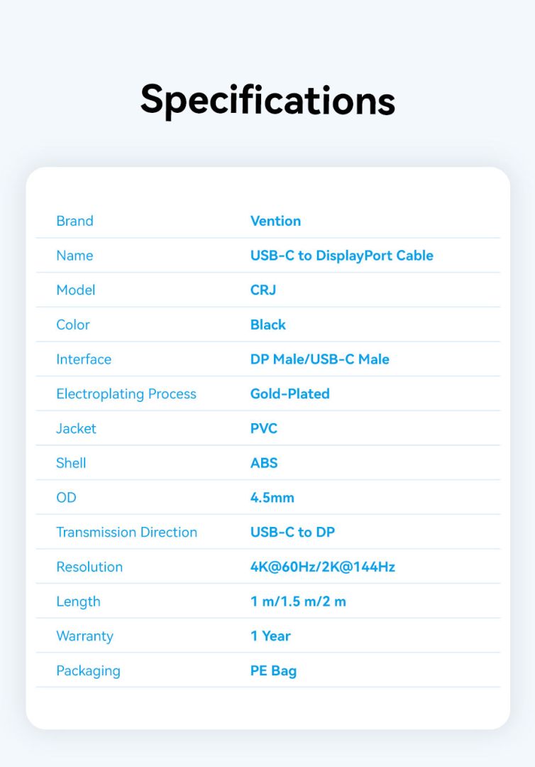Vention USB-C to DP 4K HD cable 2m Black