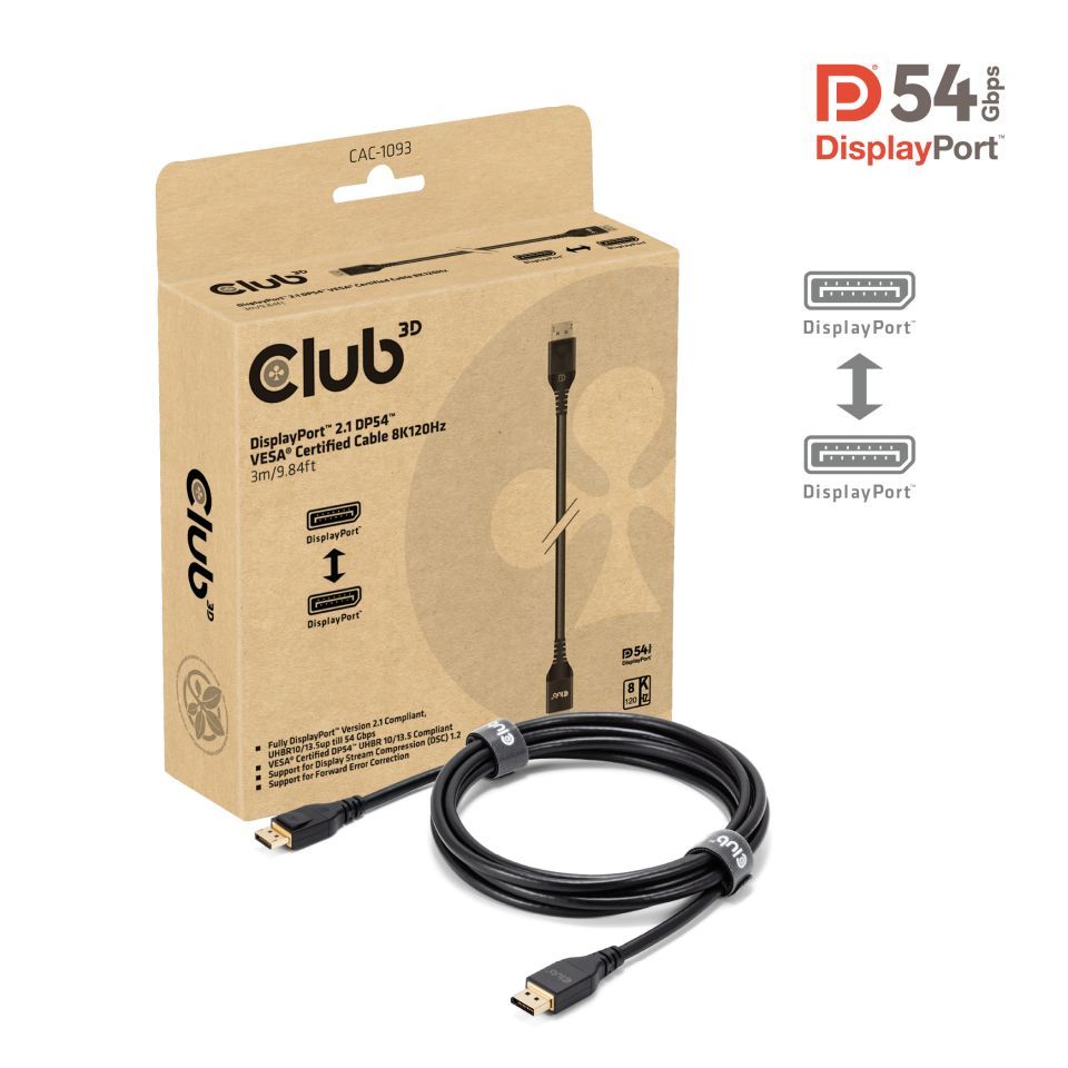 Club3D DisplayPort 2.1 DP54 VESA Certified Cable 8K120Hz 3m Black