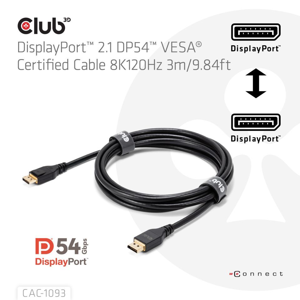Club3D DisplayPort 2.1 DP54 VESA Certified Cable 8K120Hz 3m Black