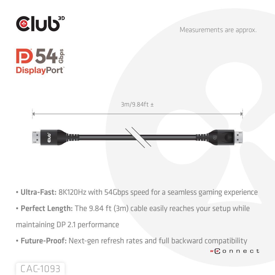 Club3D DisplayPort 2.1 DP54 VESA Certified Cable 8K120Hz 3m Black