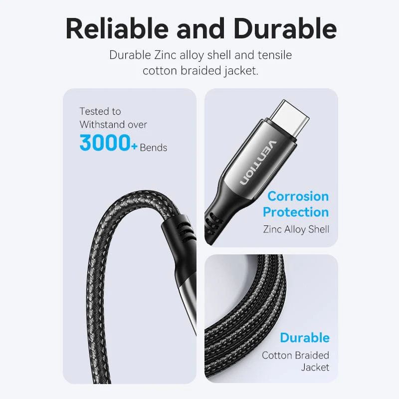 Vention Cotton Braided USB 2.0 C Male to C Male 5A Zinc Alloy Type cable 2m Black