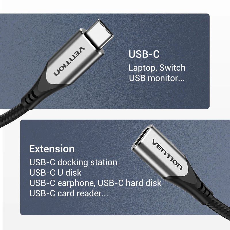 Vention Cotton Braided USB-C 3.1 Extension cable 1m Black