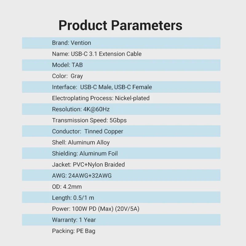 Vention Cotton Braided USB-C 3.1 Extension cable 1m Black