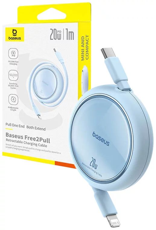 Baseus Free2Pull Expandable USB C to iP Ligtning 20W fast charging cable 1m Blue
