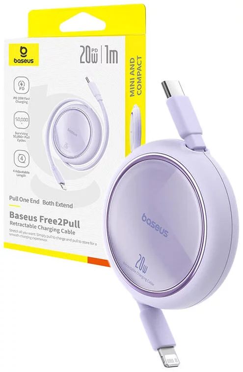 Baseus Free2Pull Expandable USB C to iP Ligtning 20W fast charging cable 1m Purple