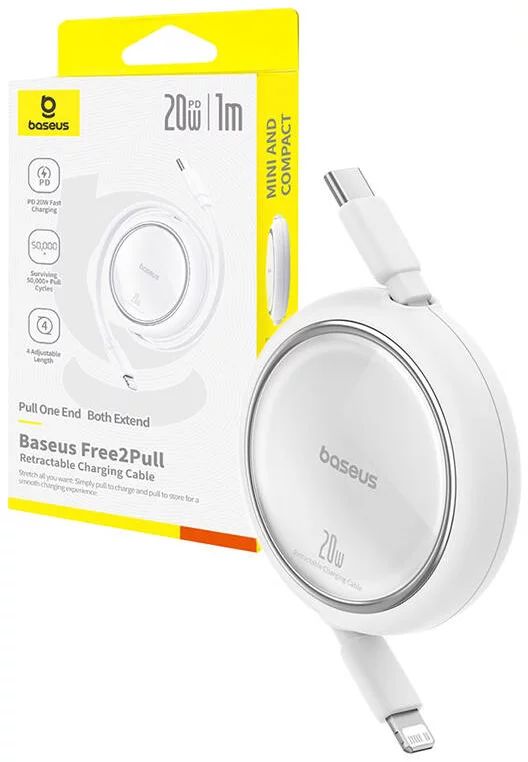 Baseus Free2Pull Expandable USB C to iP Ligtning 20W fast charging cable 1m White