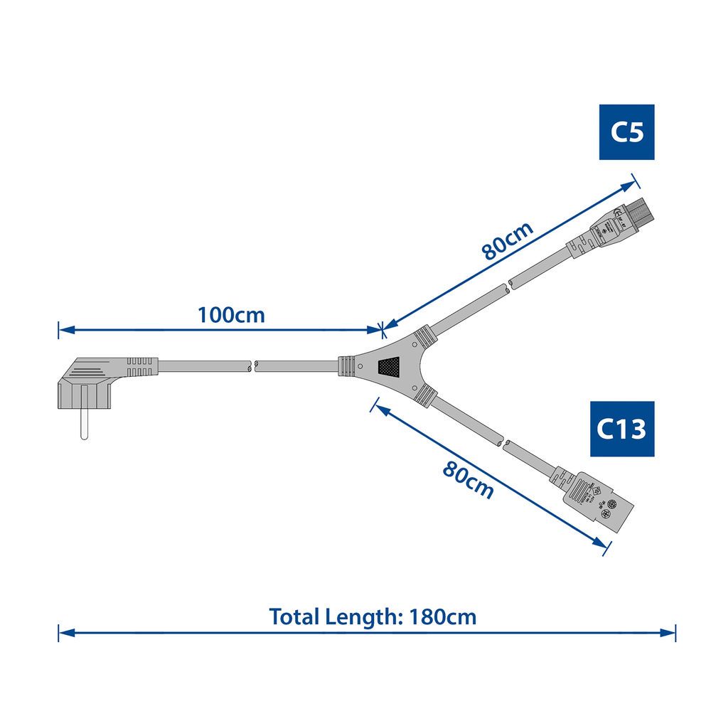 ACT Powercord split cable mains connector CEE7/7 male (angled) - 1 x C13 + 1 x C5 1,8m Black