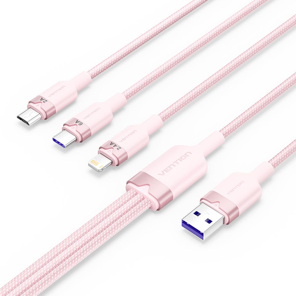 Vention USB 2.0 A Male to 3-in-1 USB-C & Lightning & Micro-B Male 6A Cable 1,5m Pink