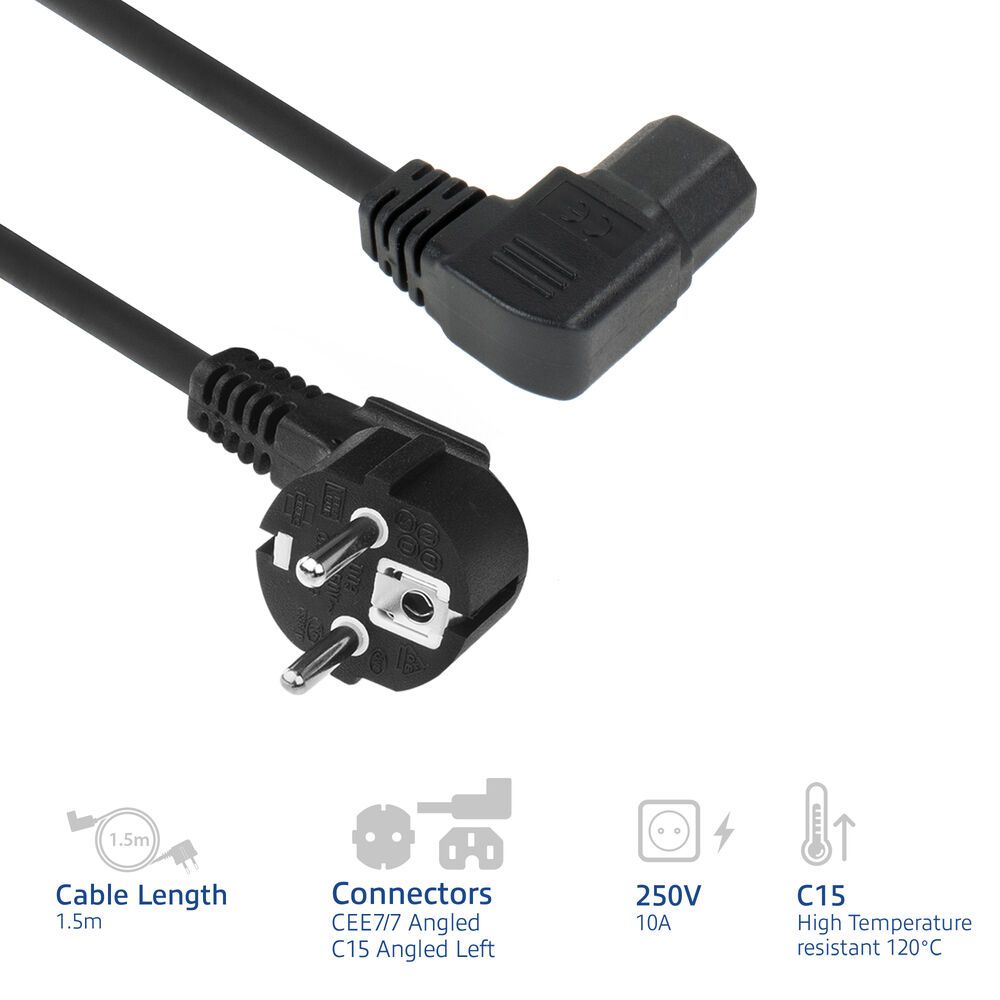 ACT Powercord mains connector Schuko CEE 7/7 male (angled) - C15 (angled left) IEC 60320 1,5m Black