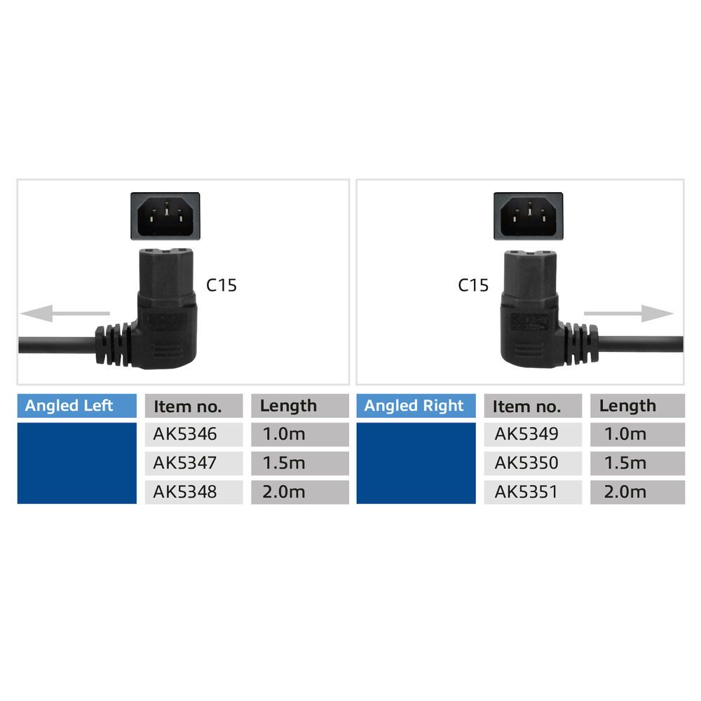 ACT Powercord mains connector Schuko CEE 7/7 male (angled) - C15 (angled left) IEC 60320 1,5m Black