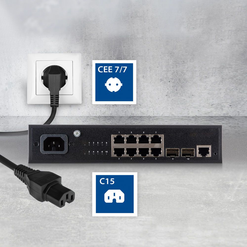 ACT Powercord mains connector Schuko CEE 7/7 male (angled) - C15 IEC 60320 2m Black