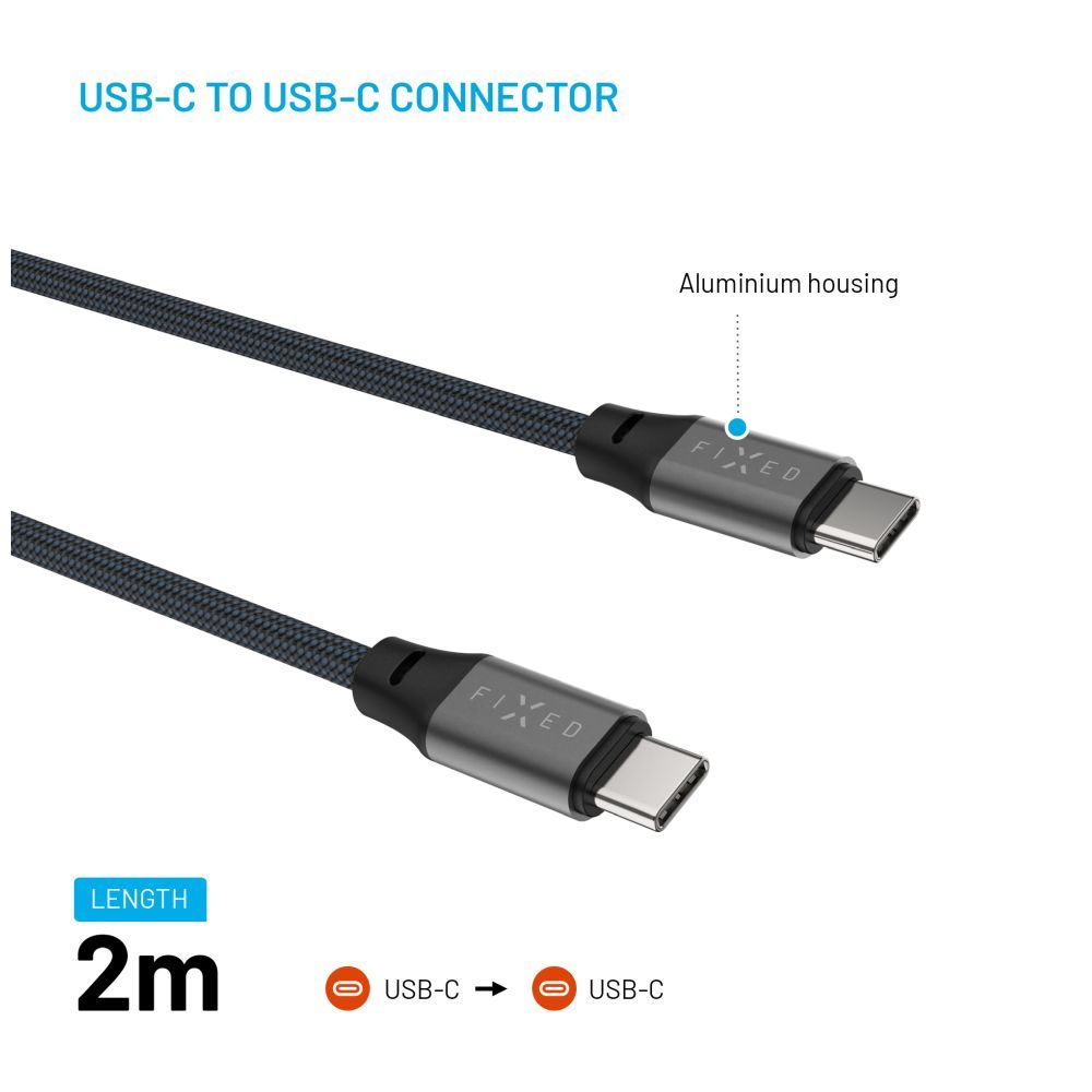 FIXED Mágneses fonott kábel, USB-C/USB-C 2m, szürke