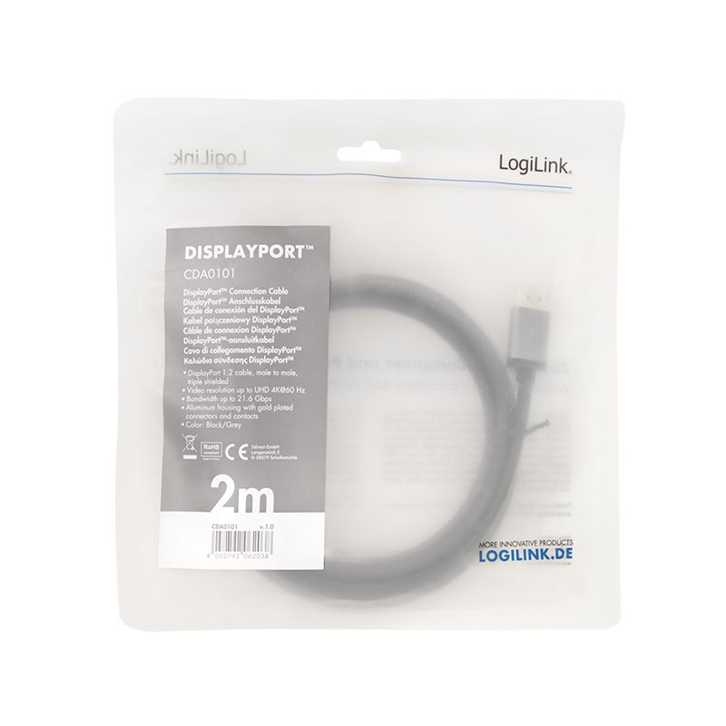 Logilink DisplayPort cable DP/M to DP/M 4K/60 Hz 2m Black/Grey
