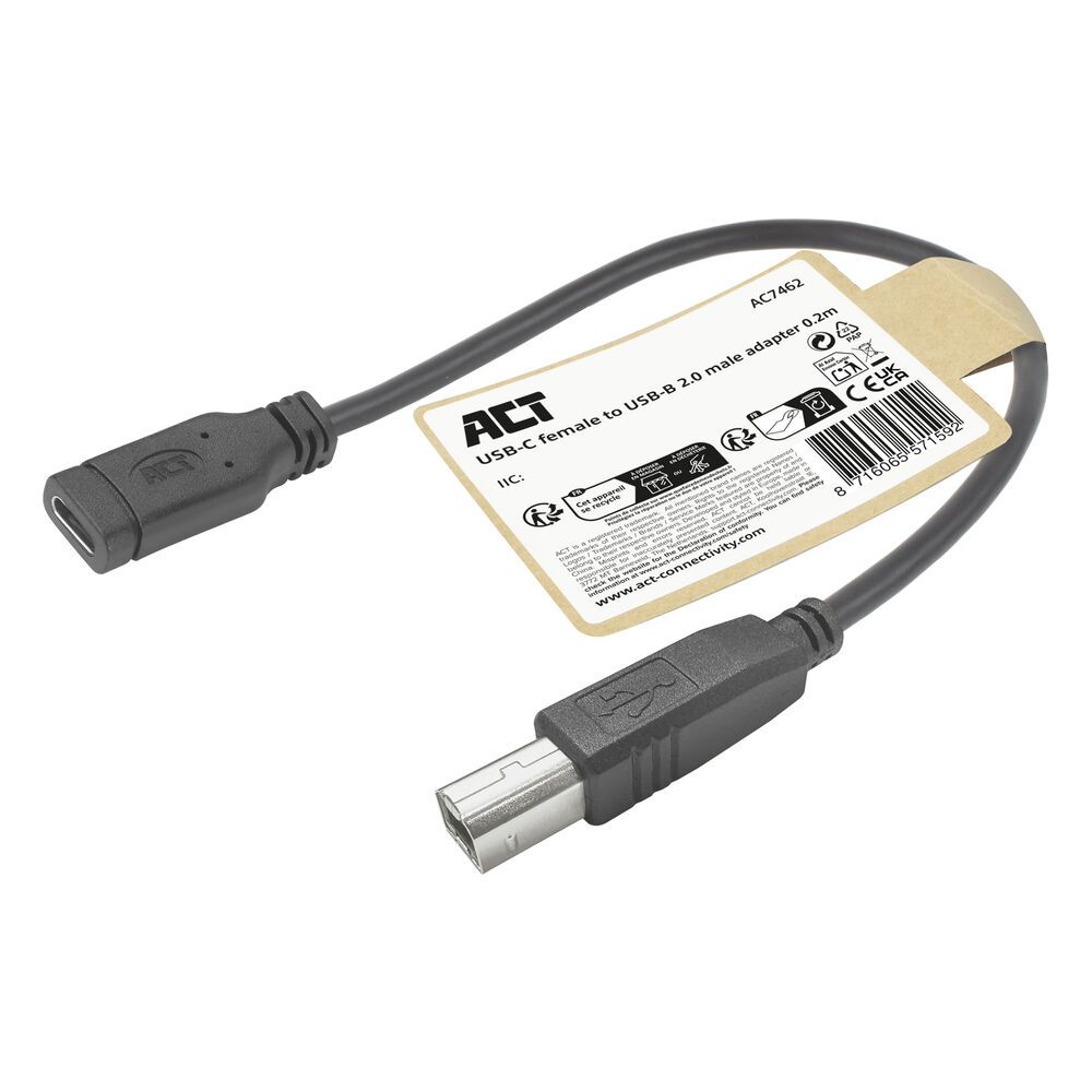 ACT USB Type-C female to USB-B 2.0 printer adapter cable 0,2m Black