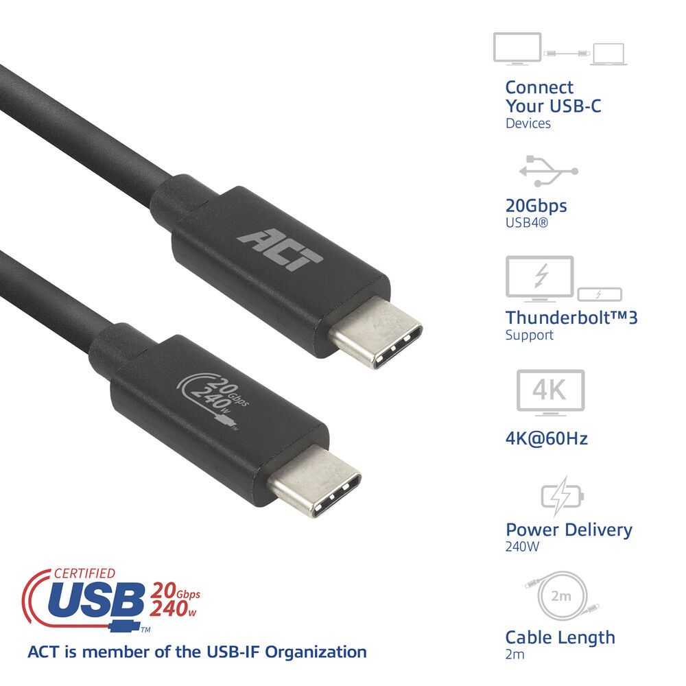 ACT USB4 20Gbps 240W USB Type-C Cable USB-IF certified 2m Black