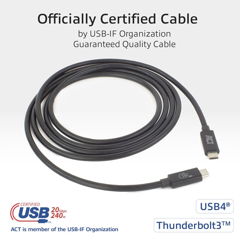 ACT USB4 20Gbps 240W USB Type-C Cable USB-IF certified 2m Black
